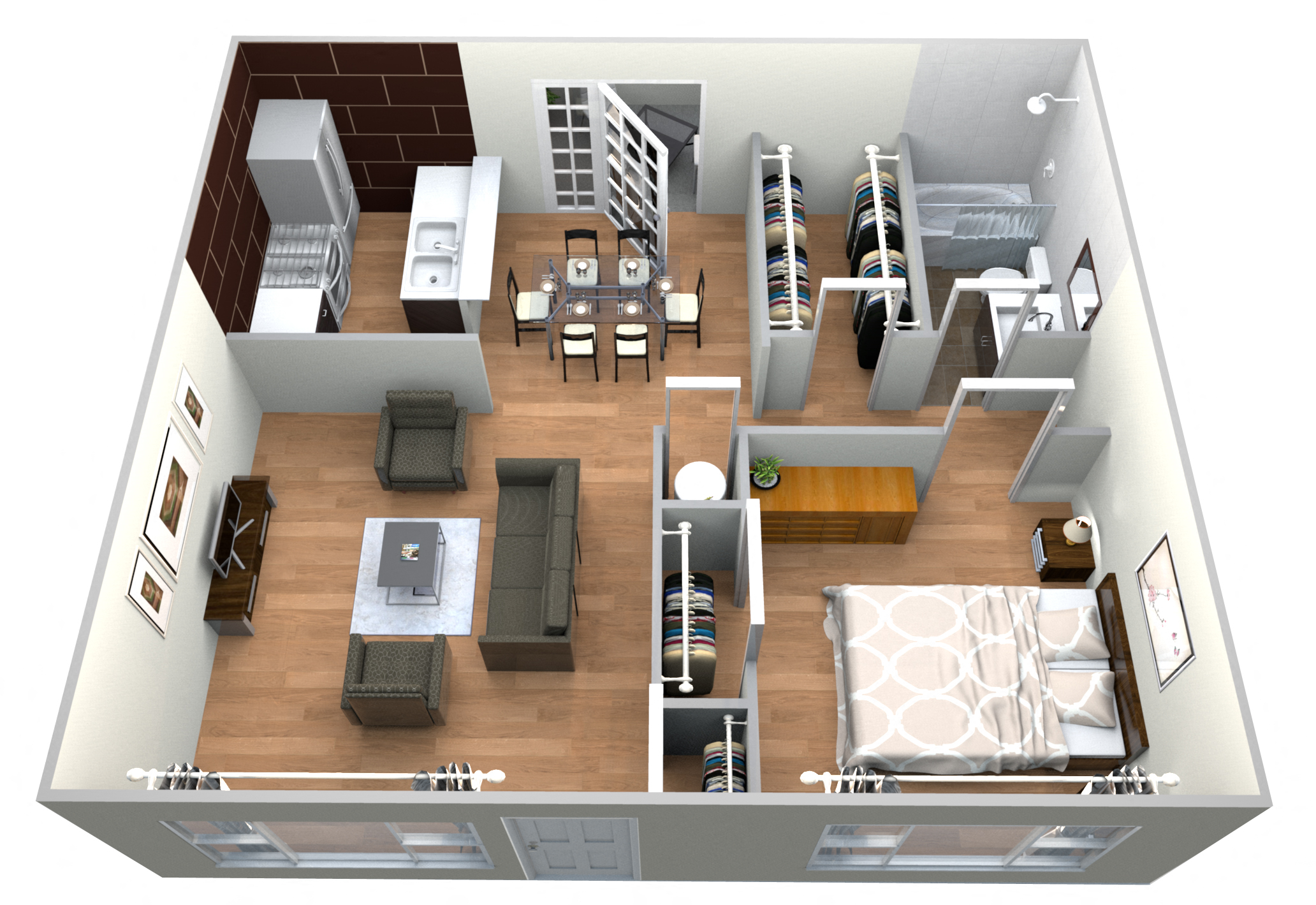 Floor plan for 1 bed, 1 bath, 768 sqft